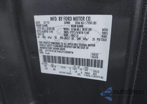 2012 Ford F-150 Xlt from USA, damaged, VIN 1FTFX1ET4CFC50874